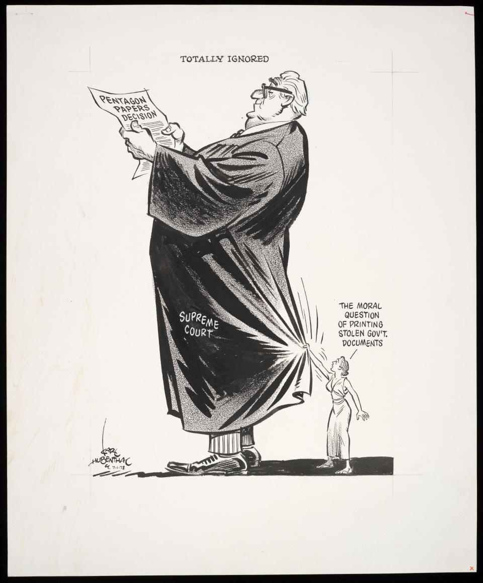 This image provided by Karl Hubenthal Trust and Estate shows “Totally ignored,” by editorial cartoonist Karl Hubenthal, that is one of dozens of political cartoons focusing on the First Amendment in a new exhibit, “Front Line: Editorial Cartoonists and the First Amendment” at Ohio State University’s Billy Ireland Cartoon Library & Museum in Columbus, Ohio. The display runs the gamut from a 1774 cartoon by Paul Revere criticizing Britain’s use of tea as a political weapon to a 2018 cartoon lampooning the blocking of online conservative commentary. (Karl Hubenthal Trust and Estate via AP)
