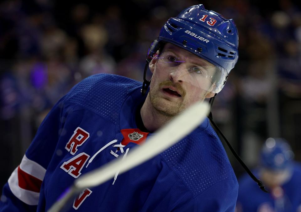 NEW YORK, NEW YORK - JANUARY 08: Alexis Lafreniere #13 of the New York Rangers warms up before the game against the Vancouver Canucks at Madison Square Garden on January 08, 2024 in New York City.