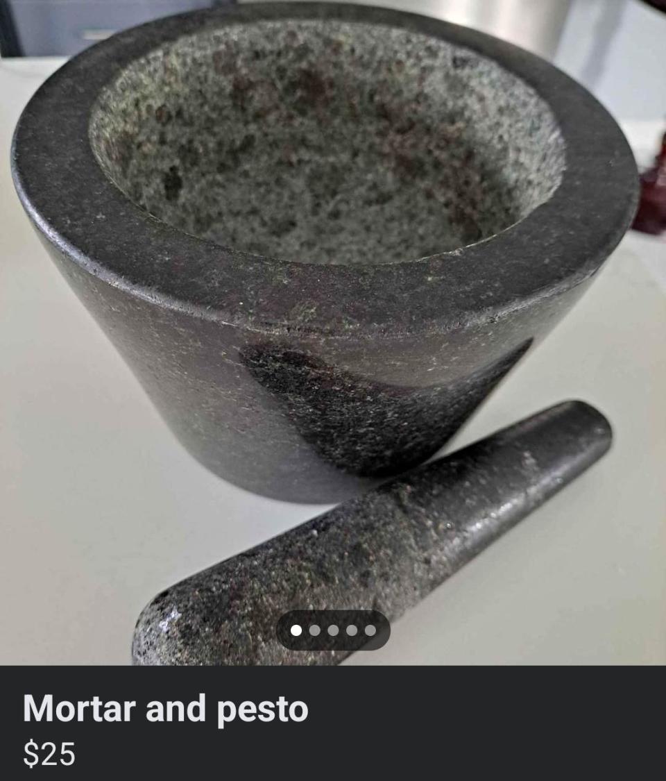 Mortar and pestle on a counter with price label, titled "Mortar and pesto" for $25