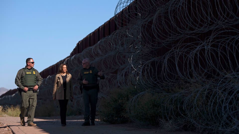 Vice President Kamala Harris visits the US-Mexico border with US Border Patrol Tucson Sector Chief John Modlin, right, in Douglas, Arizona, on September 27, 2024. - Rebecca Noble/AFP/Getty Images