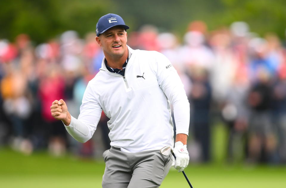 Bryson Dechambeau (pictured) reacts to a shot at the first hole during day two of the JP McManus Pro-Am.