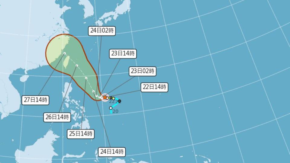 杜蘇芮路徑下午兩點最新一報，稍微往北修。（圖／翻攝氣象局）