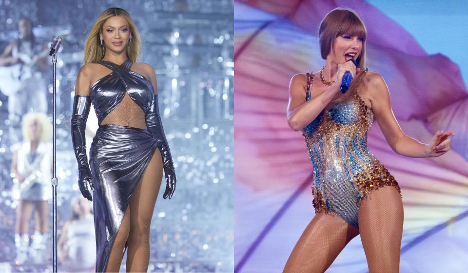 From left, Beyoncé and Taylor Swift both have concert films releasing in 2023. The two Grammy Award-winning artists ended tours in 2023 and will showcase a behind-the-scenes look with their films.