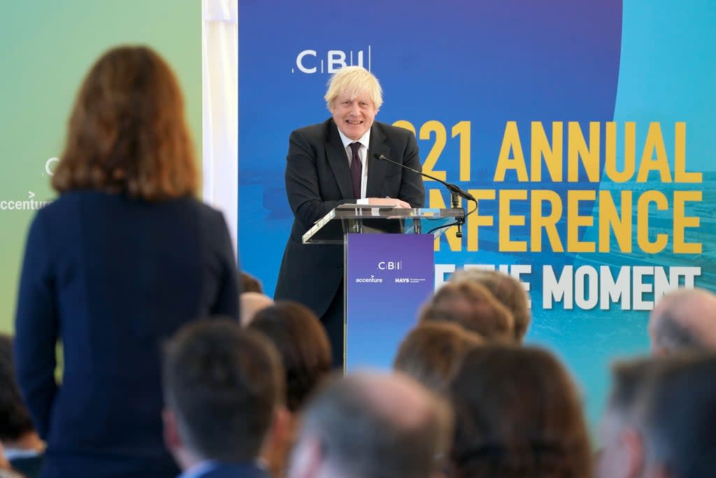 Prime Minister Boris Johnson takes a question after his CBI annual conference speech (Owen Humphreys/PA) (PA Wire)