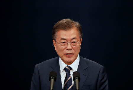 South Korean President Moon Jae-in speaks during a news conference at the Presidential Blue House in Seoul, South Korea, May 27, 2018.?REUTERS/Kim Hong-Ji