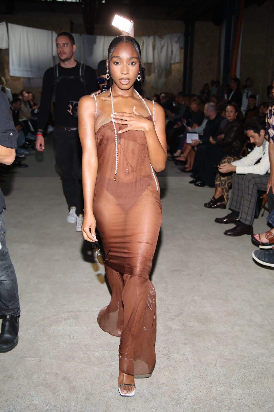 normani see through dress wardrobe malfunction moschino front row milan fashion week womenswear springsummer 2025