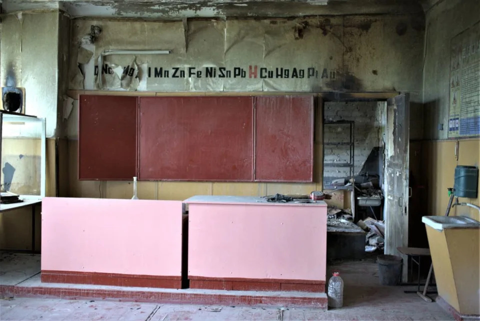 <div class="inline-image__caption"> <p>A blown out classroom in the school where the bunker is located.</p> </div> <div class="inline-image__credit"> Tom Mutch </div>