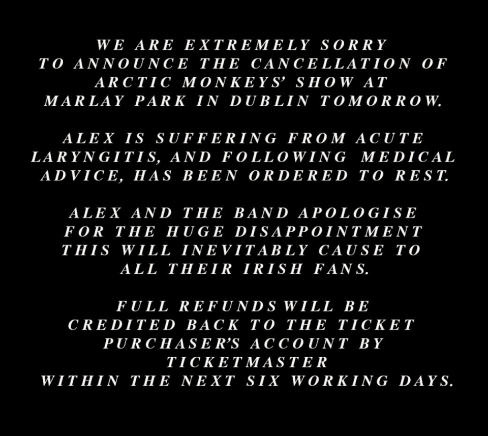 Arctic Monkeys have cancelled their show in Dublin’s Marlay Park (Twitter)