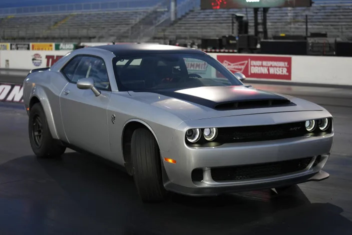 The 2023 Challenger SRT Demon 170 is on display during an event to unveil the car Monday, March 20, 2023, in Las Vegas. (AP Photo/John Locher)