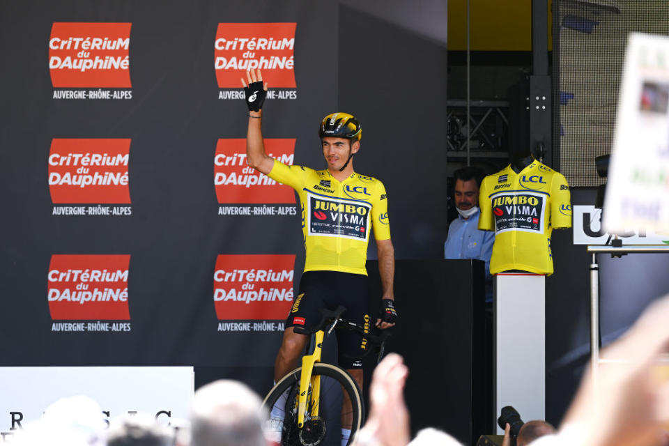 BRASSACLESMINES FRANCE  JUNE 05 Christophe Laporte of France and Team JumboVisma  Yellow Leader Jersey prior to the 75th Criterium du Dauphine 2023 Stage 2 a 1673km stage from BrassaclesMines to La ChaiseDieu 1080m  UCIWT  on June 05 2023 in BrassaclesMines France Photo by Dario BelingheriGetty Images