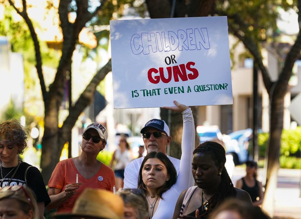 In response to the recent mass shootings, about 400 people gathered at Five Points Park in Sarasota on Saturday evening for a rally and vigil against gun violence. Multiple speakers from the community addressed the problem and the names of recent mass shooting victims were read during the vigil. Moms Demand Action and Sarasota Chapter of the Brady Campaign to Prevent Gun Violence organized the rally.