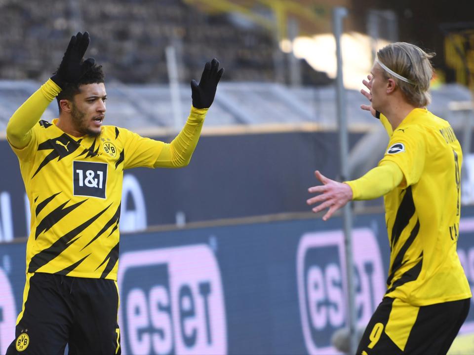 Borussia Dortmund forwards Jadon Sancho and Erlin Haaland (AP)