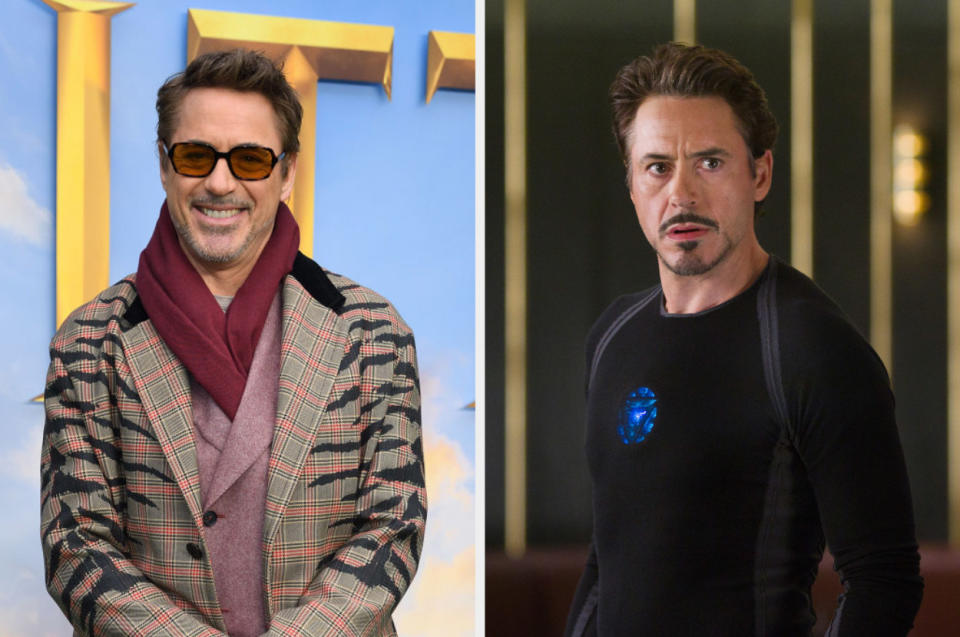 side by side of the actor at an event and as Tony Stark
