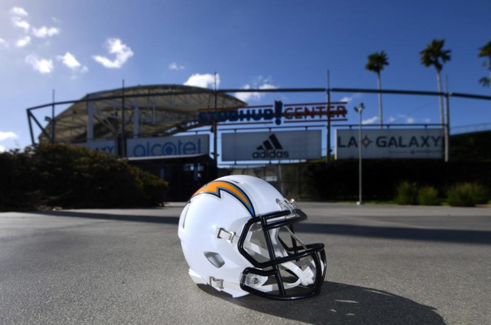 Jan 21, 2017; Carson, CA, USA; General view of Los Angeles Chargers helmet at StubHub Center.The Chargers will play the 2017 and 2018 seasons at the StubHub Center as part of Chargers owner Dean Spanos (not pictured) relocation of the franchise from San Diego to Los Angeles. Mandatory Credit: Kirby Lee-USA TODAY Sports