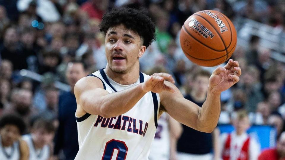 Pocatello senior Julian Bowie passes the ball during the 4A boys basketball state championship game against Hillcrest in March.