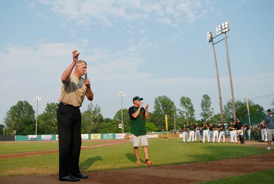 Major League Baseball legend Frank Howard waves to the crowd before tossing the ceremonial first pitch at Joannes Stadium June 17, 2007, where his career first started nearly 50-years ago. Howard went on to win two World Series rings and won the 1960 National League Rookie of the Year award.