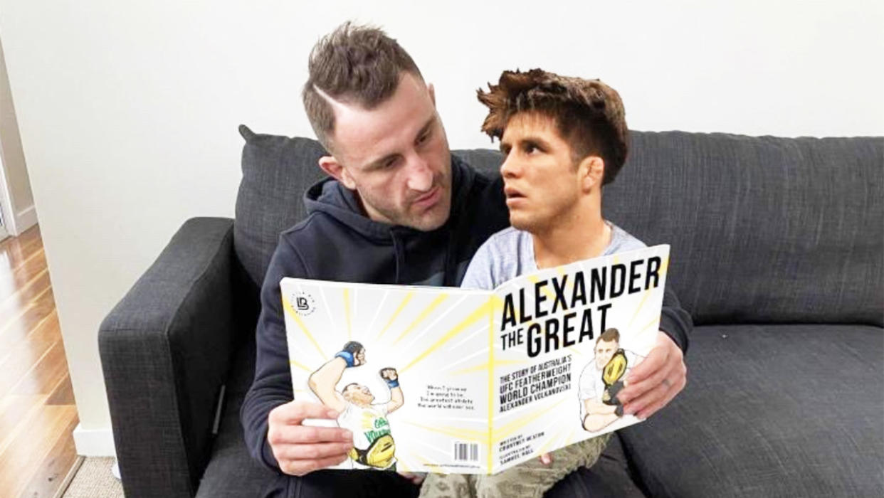 Alexander Volkanovski (pictured left) reading a book to a superimposed photo of rival Henry Cejudo (pictured right).