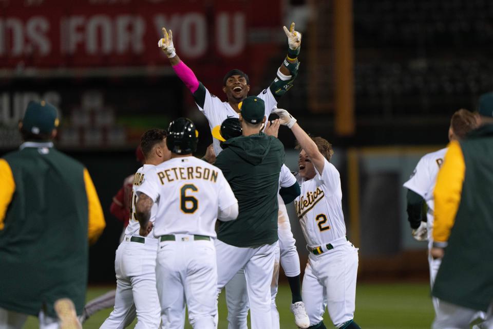 Oakland Athletics center fielder Esteury Ruiz (1) celebrates after hitting a walk off single to defeat the Arizona Diamondbacks at Oakland-Alameda County Coliseum on May 16.