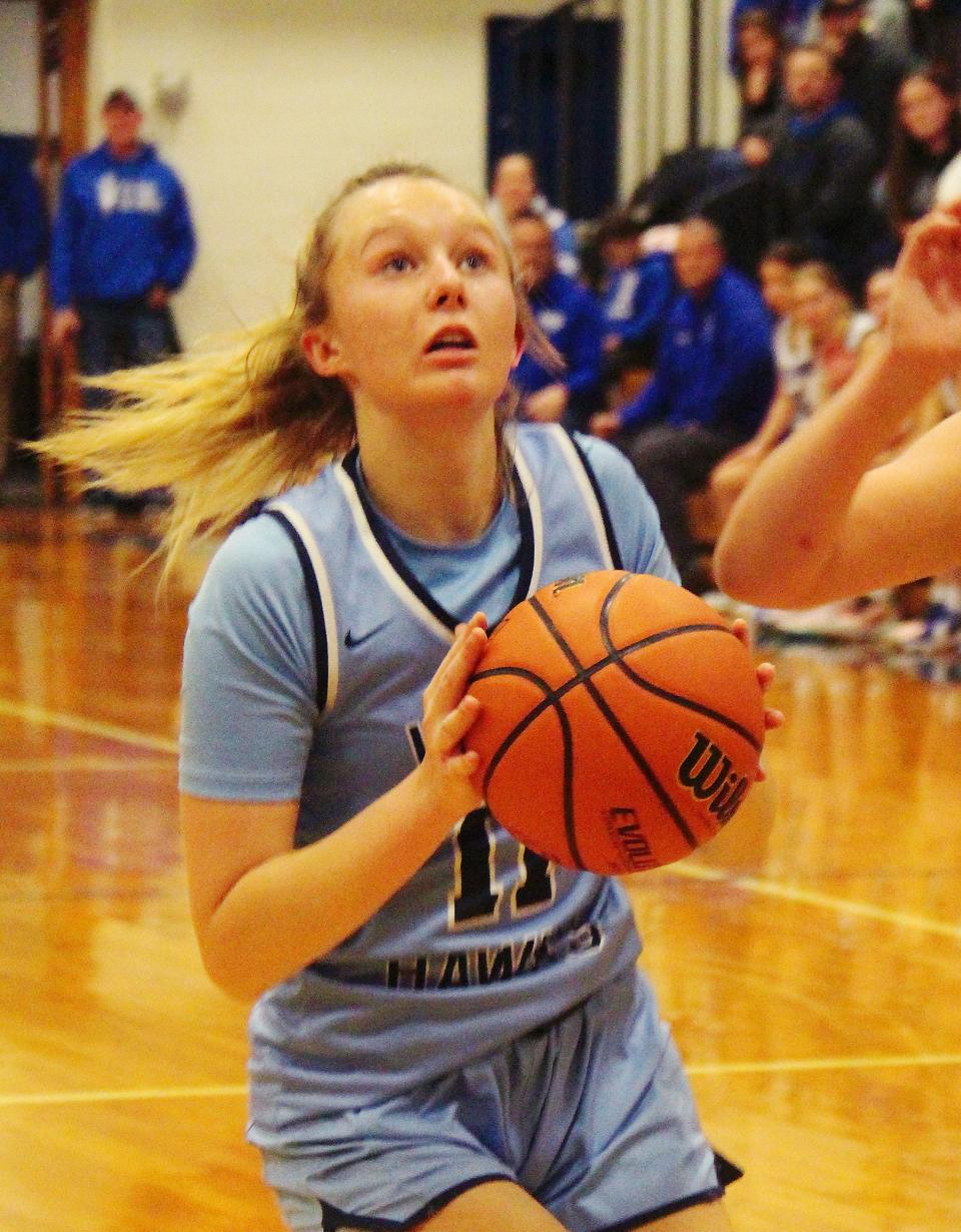 Lucy Whitfill of Prairie Central takes a shot against Peotone in their regional final game Friday, Feb. 17, in Fairbury. Whitfill scored 23 points but it wasn't enough as the Hawks lost 70-57.