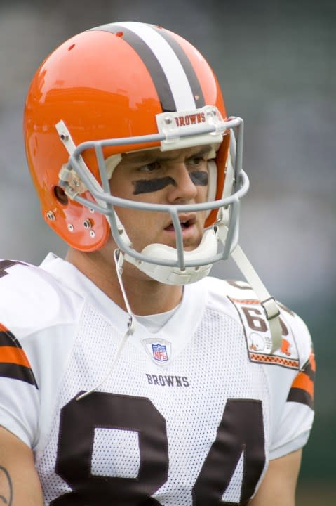 Joe Jurevicius wide receiver for the Cleveland Browns relaxes during warmups before a game against the Oakland Raiders at McAfee Coliseum in Alamenda California on October 1, 2006. (Photo by Peter Brouillet/NFLPhotoLibrary)