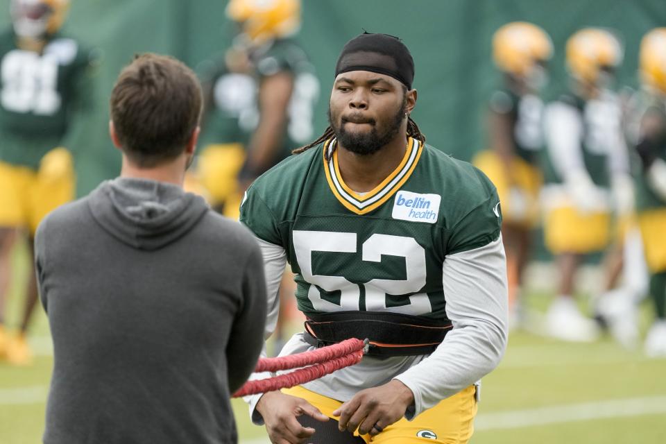 Green Bay Packers' Rashan Gary runs a drill during an NFL football OTA practice session Wednesday, May 31, 2023, in Green Bay, Wis. (AP Photo/Morry Gash)