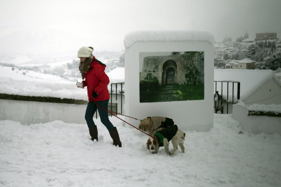 A woman walks with her dogs through a street after snowfall in the city of Ronda, southern Spain, Thursday, Jan. 19, 2017. The schools of Ronda, one of the most historical towns of Andalusia, suspended their classes Thursday and traffic has been interrupted on several highways due to the intense snowfall that has fallen during the night. A cold spell has reached Europe with temperatures plummeting far below zero. (AP Photo/Javier Gonzalez)