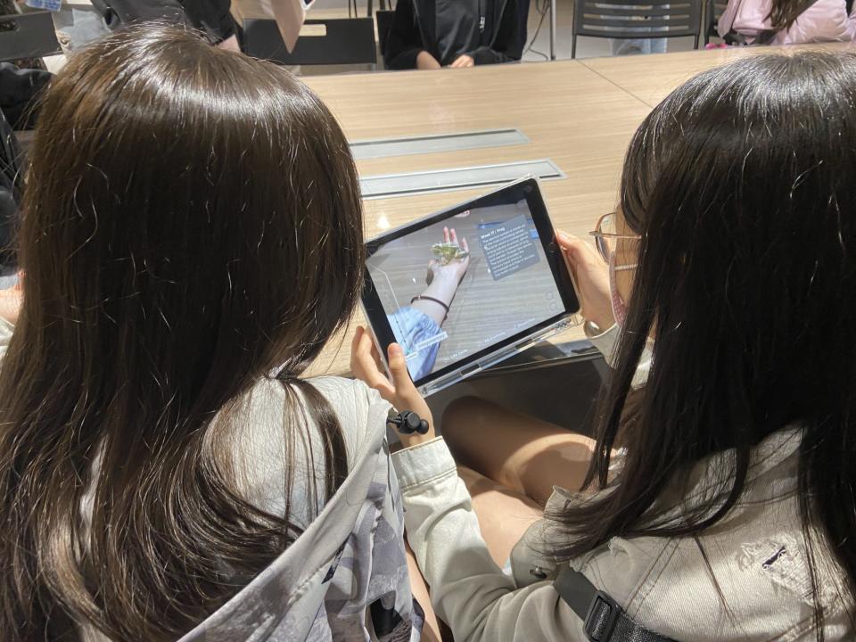長樂國小六年級師生開心體驗二信科技課程收穫滿行囊，圖為AR視角下的青蛙/記者宋吉清拍照