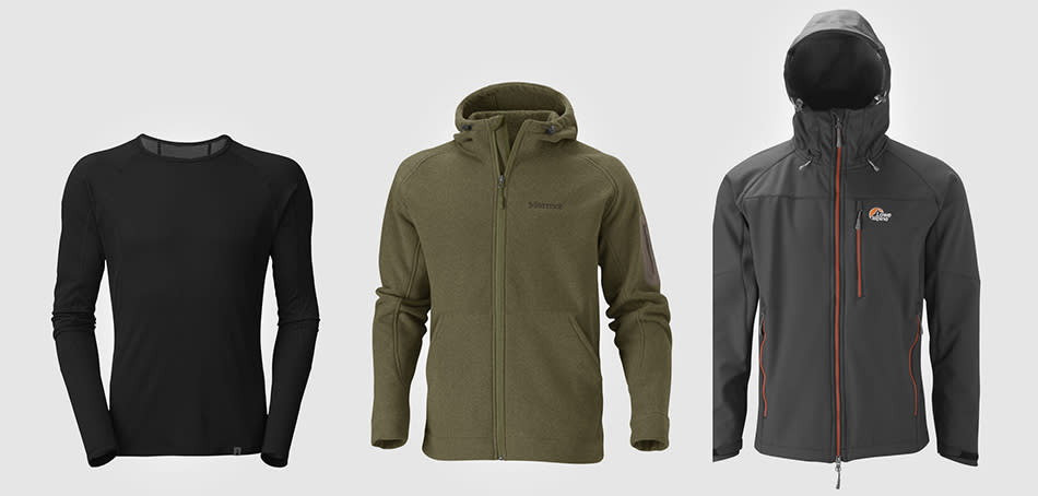 ProTip: You should always choose 1-2 size bigger for your outer shell jacket so that it will still fit well after putting on your fleece and base layer. Image source: The North Face (left), Marmot (middle), Lowe Alpine (right).