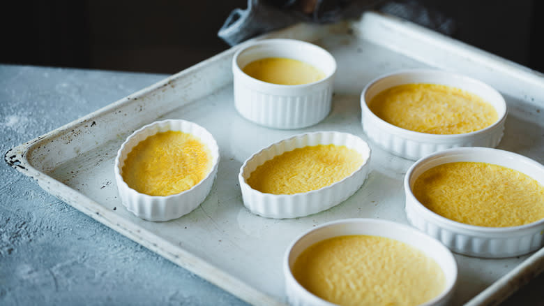 baked custards on tray