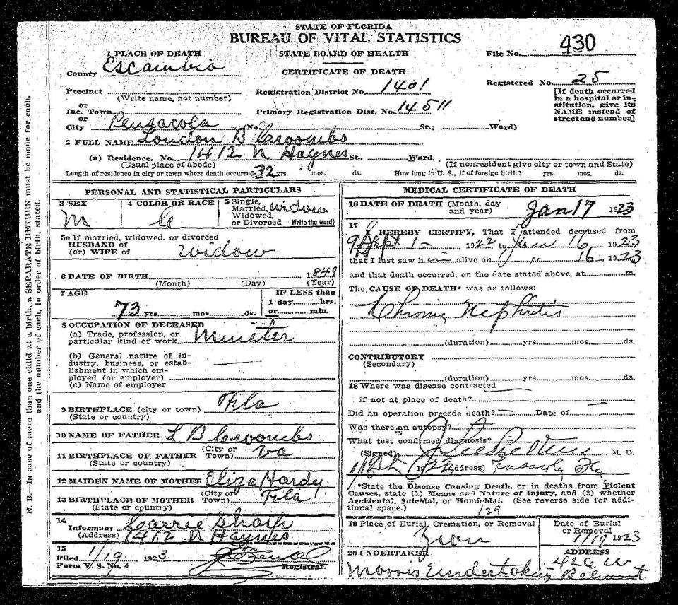 The death certificate for Rev. London B. Croom, a longtime resident of this city who challenged the 1905 ordinance segregating Pensacola streetcars, who died on Wednesday, Jan. 17, 1923, following a battle with kidney disease.