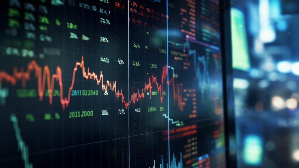 A close-up of a computer monitor displaying real-time financial data on the stock market.