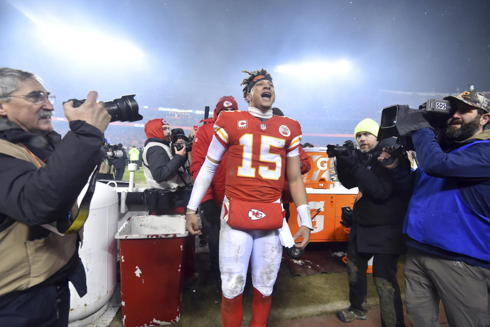 Kansas City Chiefs quarterback Patrick Mahomes (15) reacts toward fans in the stands after an NFL divisional football playoff game in Kansas City, Mo., Saturday, Jan. 12, 2019. The Chiefs defeated the Indianapolis Colts 31-13. (AP Photo/Ed Zurga)