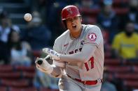 Los Angeles Angels' Shohei Ohtani fouls off during the third inning of a baseball game against the Boston Red Sox, Saturday, May 15, 2021, in Boston. (AP Photo/Michael Dwyer)