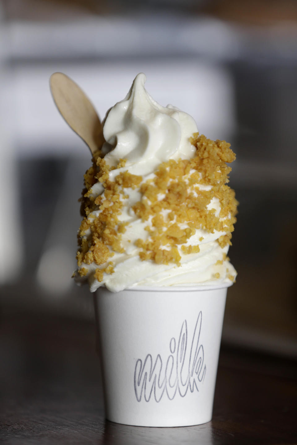 In this Thursday, Feb. 21, 2013 photo, cereal milk soft serve is displayed at Milk Bar in New York. Cereal is going out of the box. Milk, ice cream, muffin mix and more are being infused with the flavor of the classic childhood treat. (AP Photo/Seth Wenig)