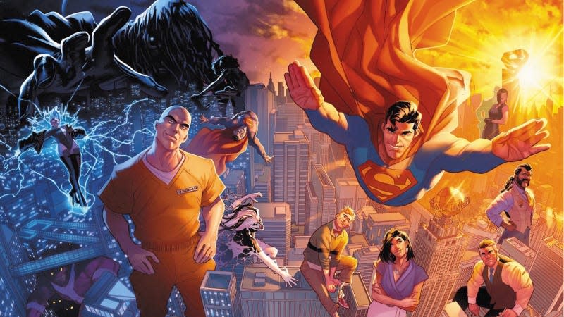 A cloaked figure reaches for a smug Lex Luthor as Superman and his family fly over Metropolis.