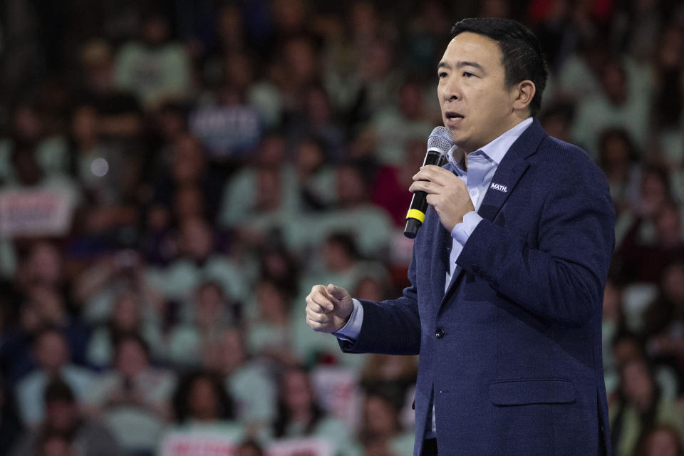 Democratic presidential candidate businessman Andrew Yang speaks during the McIntyre-Shaheen 100 Club Dinner, Saturday, Feb. 8, 2020, in Manchester, N.H. (AP Photo/Mary Altaffer)