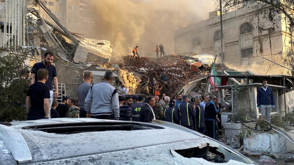 PHOTO: Smoke rises after what the Iranian media said was an Israeli strike on a buidling close to the Iranian embassy in Damascus, Syria April 1, 2024.  (Firas Makdesi/Reuters)