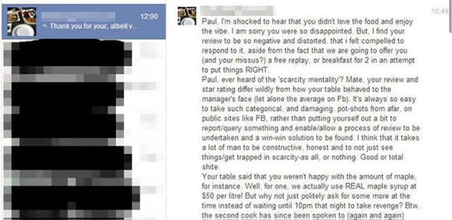 Part of the Facebook rant that was left over diner Paul's review. Photo: Facebook