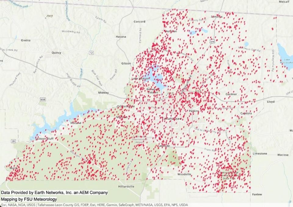 Each red dot is the location of the 2,599 cloud to ground lightning strikes in Leon County during August 2-22.