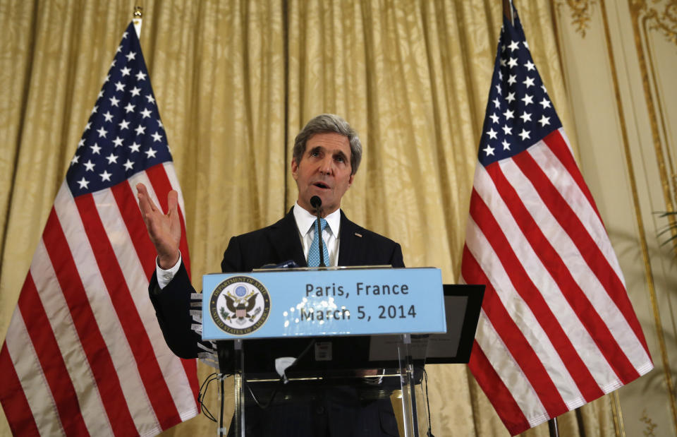 U.S. Secretary of State John Kerry speaks to reporters about the Ukraine crisis after his meetings with other foreign ministers, on March 5, 2014 at the US ambassador's residence in Paris. (Photo credit should read KEVIN LAMARQUE/AFP/Getty Images)