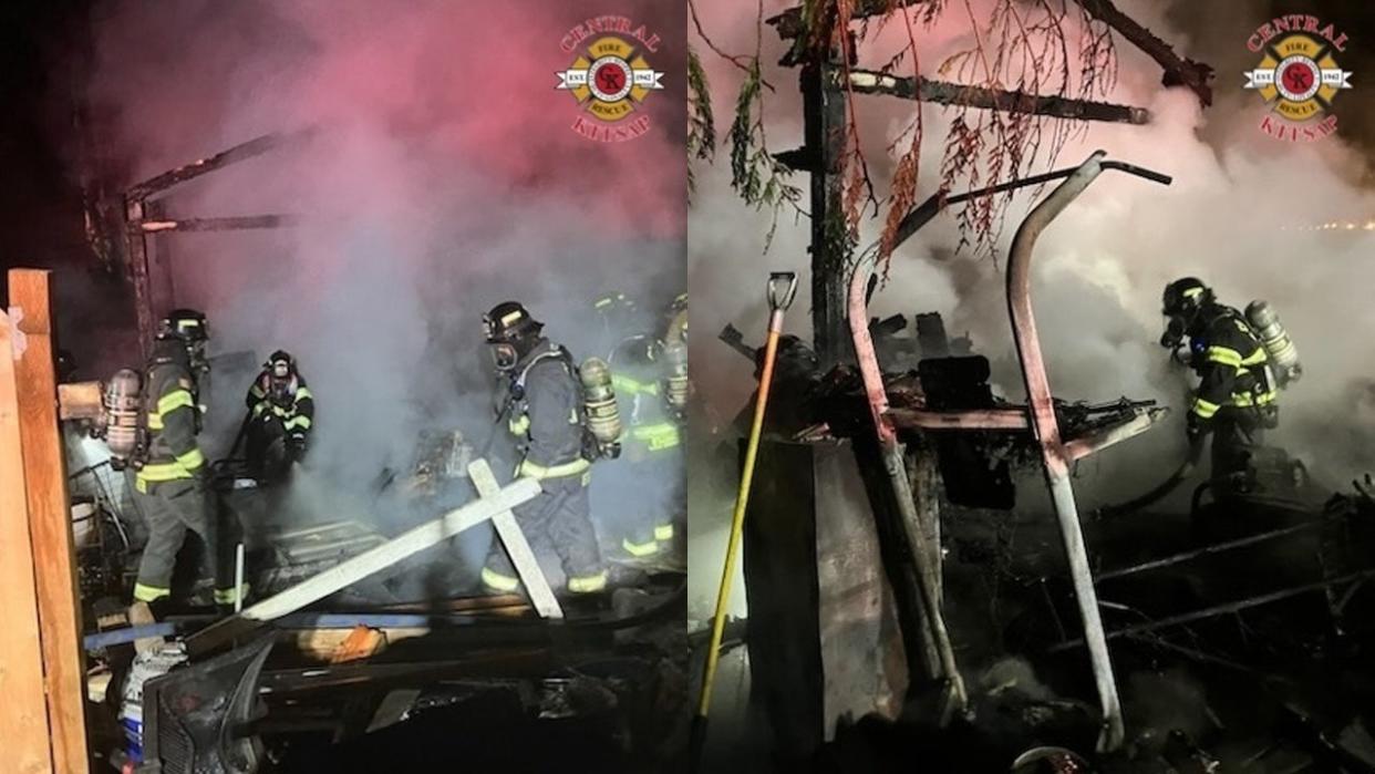 <div>Firefighters knocking down a fire that engulfed a structure in Poulsbo on Tuesday. (Photo: Central Kitsap Fire and Rescue)</div>