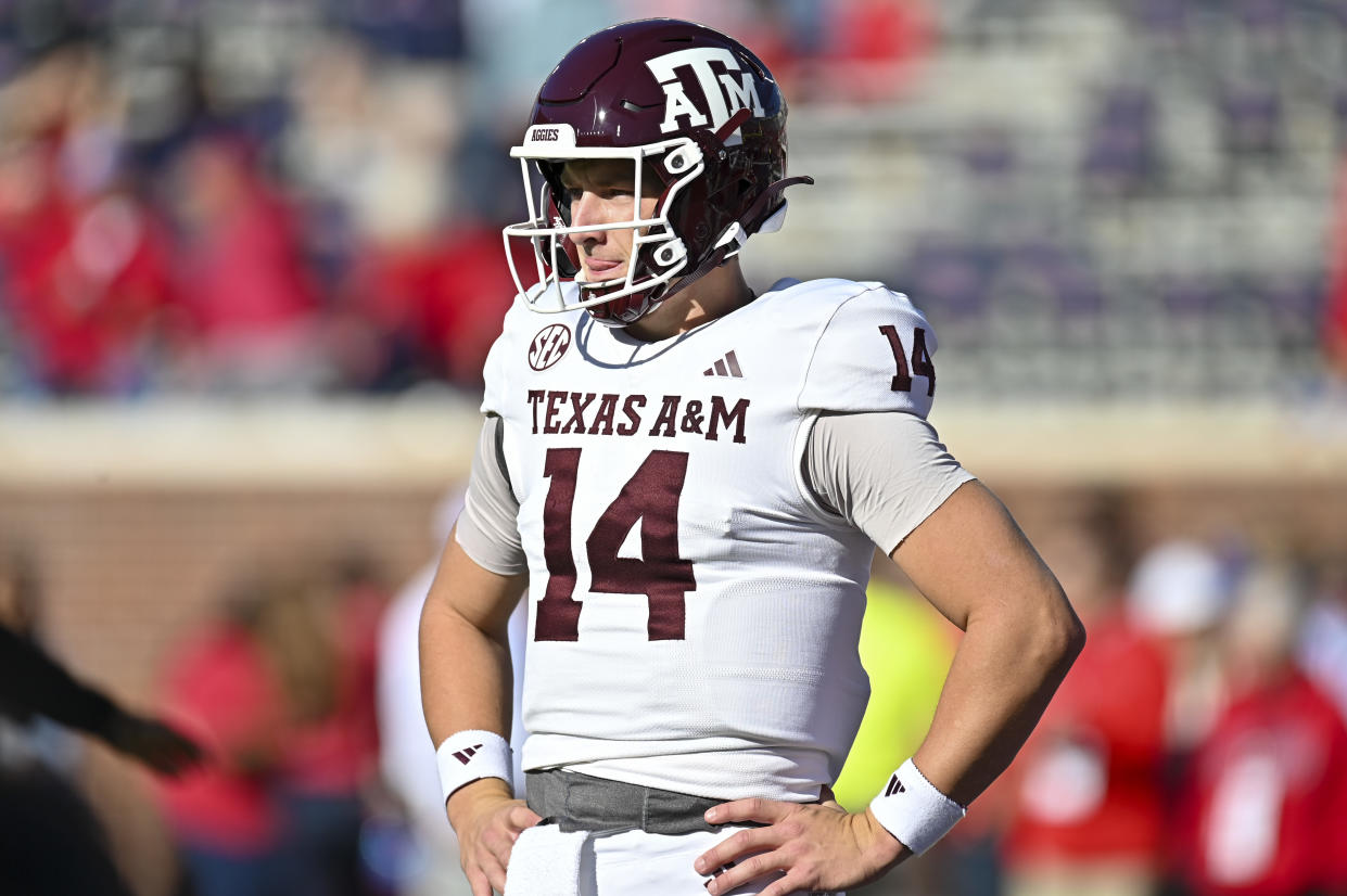 OXFORD, MS - NOVEMBER 04: Texas A&M quarterback Max Johnson (14) during the college football game between the Texas A&M Aggies and the Ole' Miss Rebels on November 04, 2023 at Vaught-Hemingway Stadium in Oxford, MS. (Photo by Kevin Langley/Icon Sportswire via Getty Images)