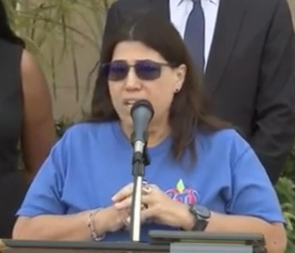 Anna Fusco, president of the Broward Teachers Union, speaks to reporters Thursday, April 15, 2021, at the Kathleen C. Wright Administration Center in Fort Lauderdale, about the tentative contract deal the union reached with the school district.