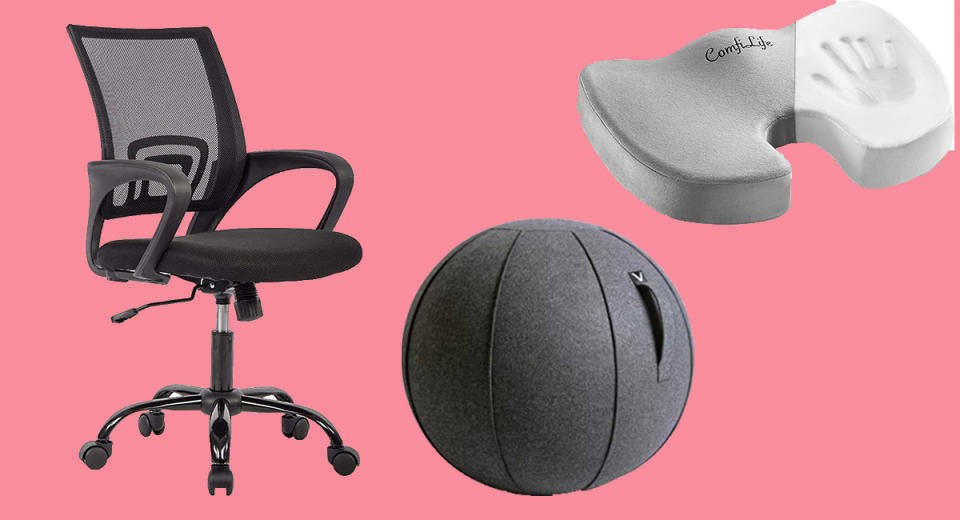 La mejor silla ergonómica de escritorio; un asiento con forma de pelota Vivora Luno; un cojín para sentarse ComfiLife Premium Comfort (Foto: Amazon).