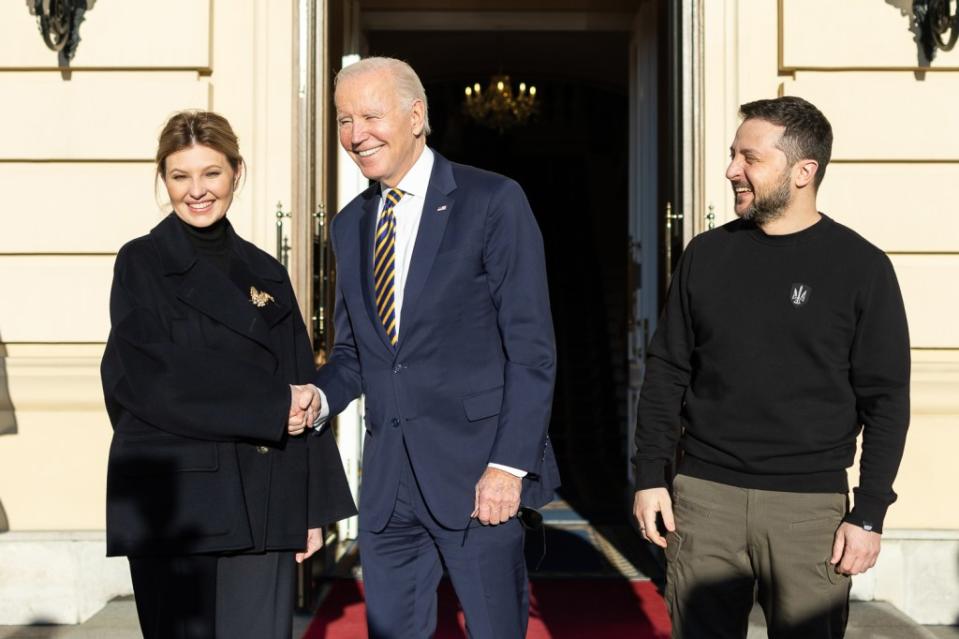 Pres. Biden on a visit to Kyiv in February 2023 where he met with Pres. Zelensky and his wife Olena Zelenska. Ukrainian Presidential Press Office via Getty Images