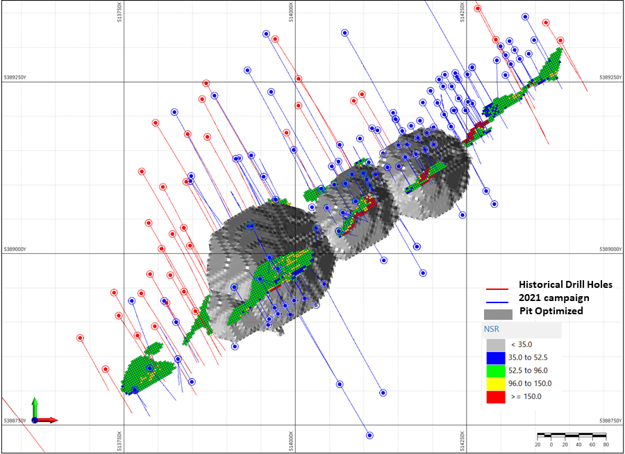 Plan map of the Alexo South MRE showing historical drill holes (red), 2021 Class 1 drill holes (blue), the pit optimized shell (grey)