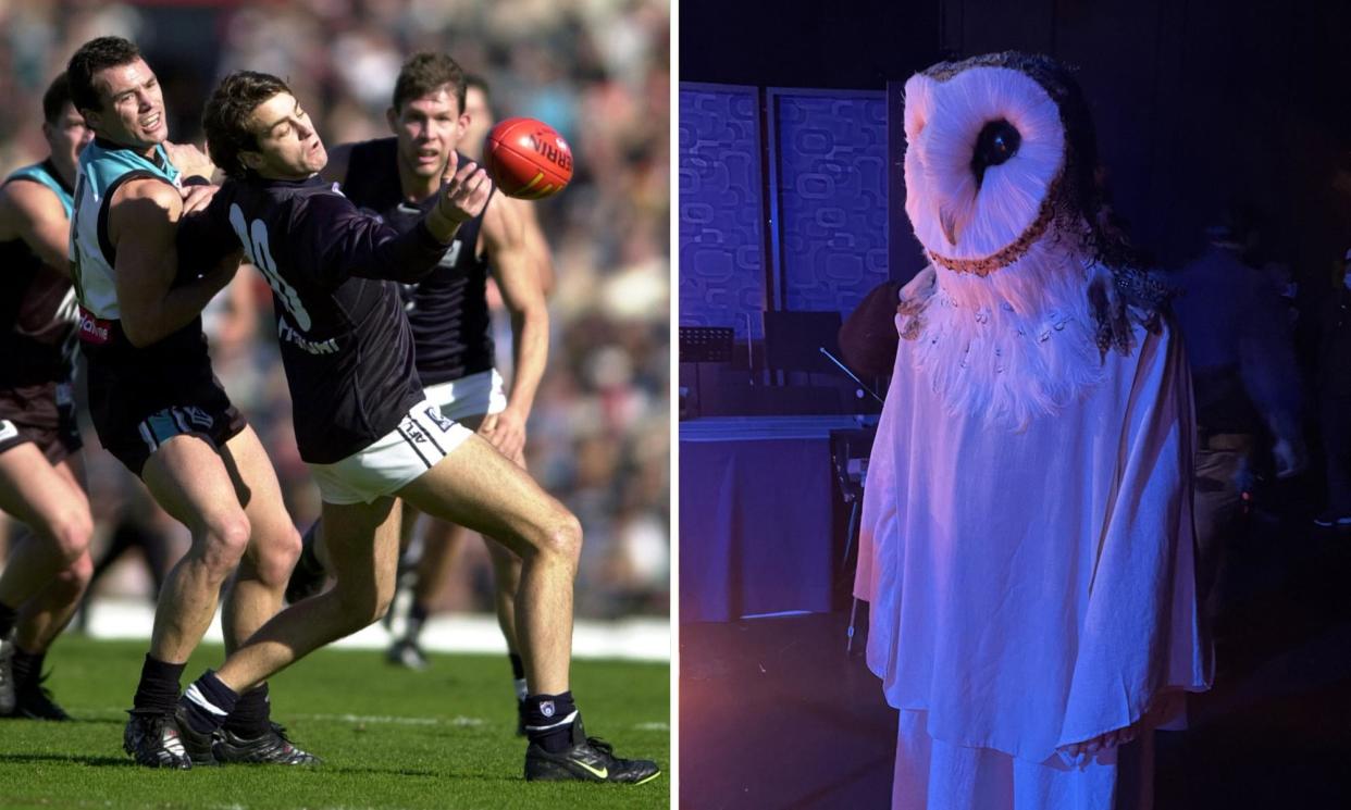 <span>Former AFL footballer Adam White playing for Carlton in 2000 and dressed as an Owl High Priest in Late Night with the Devil. </span><span>Composite: Tony Lewis/ALLSPORT/Getty Images/ Jim Cruse</span>