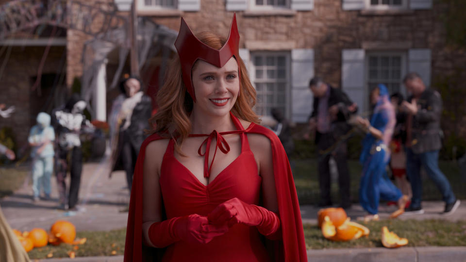     Wanda Maximoff (Elizabeth Olsen) in her Scarlet Witch costume for Halloween. 