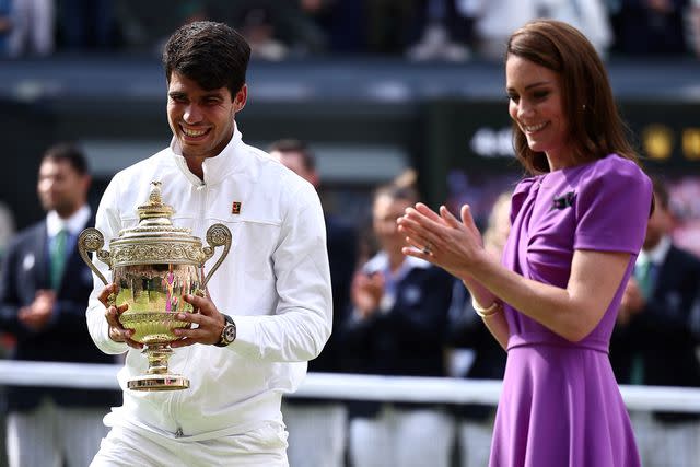 <p>HENRY NICHOLLS/AFP via Getty</p> Carlos Alcaraz and Kate Middleton in 2024