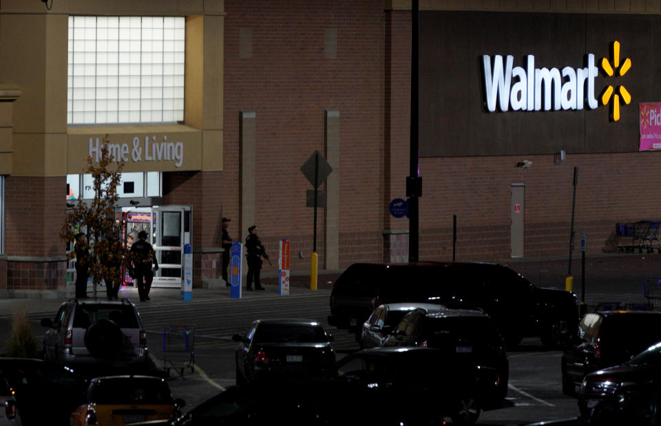 <p>Police guard the entrance at the scene of a shooting at a Walmart in Thornton, Colo., Nov. 1, 2017. (Photo: Rick Wilking/Reuters) </p>